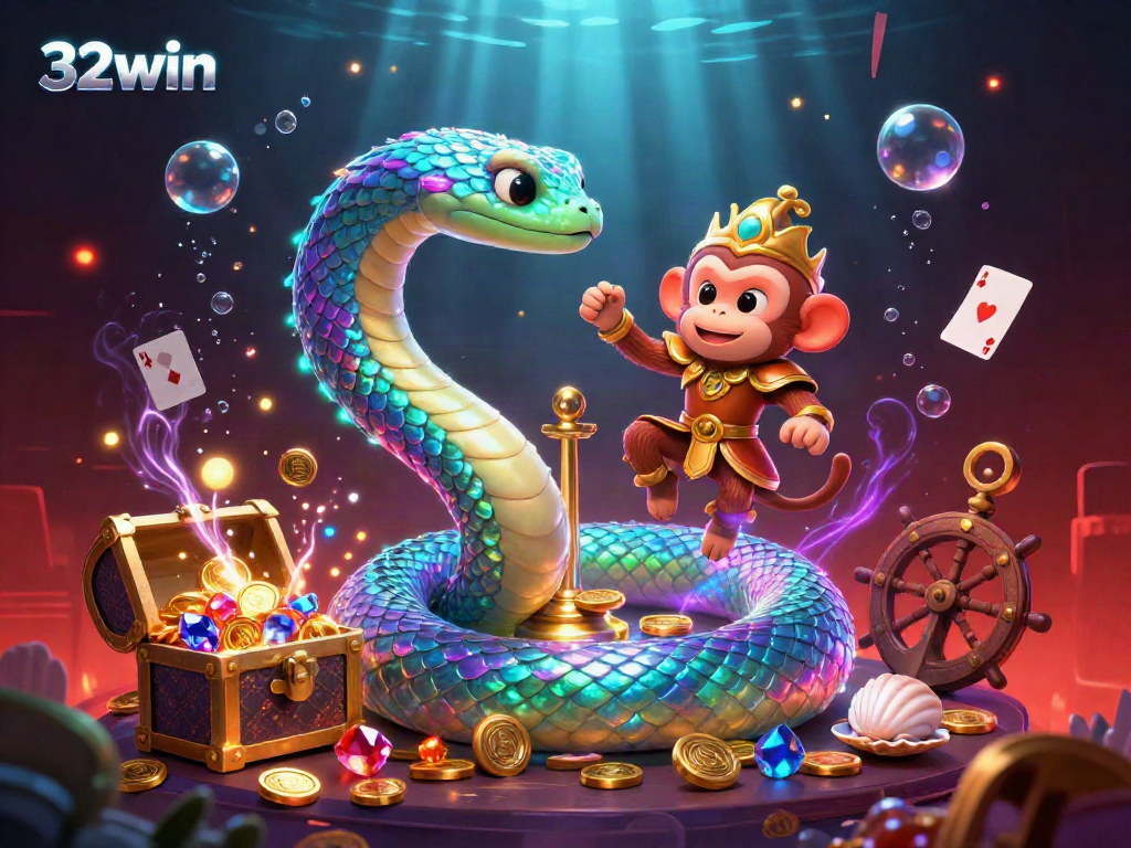 Experience thrilling underwater adventures and win big with 32win in this vibrant casino scene filled with treasures and games.