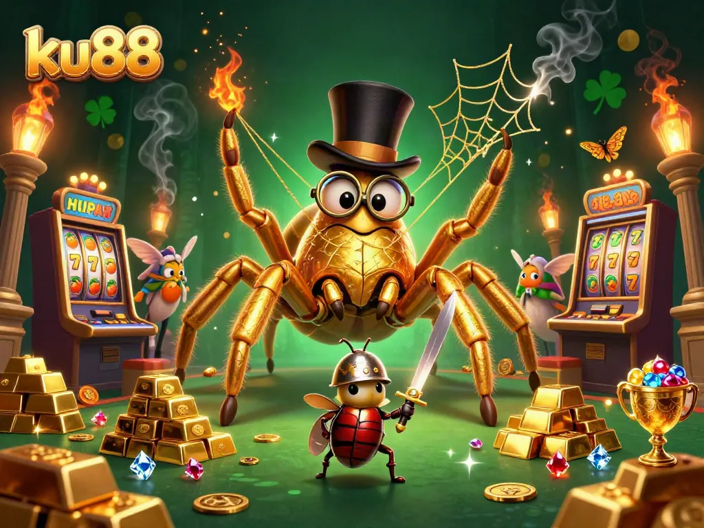 Experience thrills at ku88 with golden tarantula and beetle knight amidst slot machines and treasures.