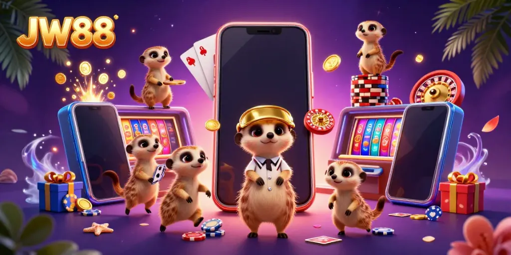 JW88 highlights an engaging casino scene with meerkats managing games in a captivating, dynamic illustration.