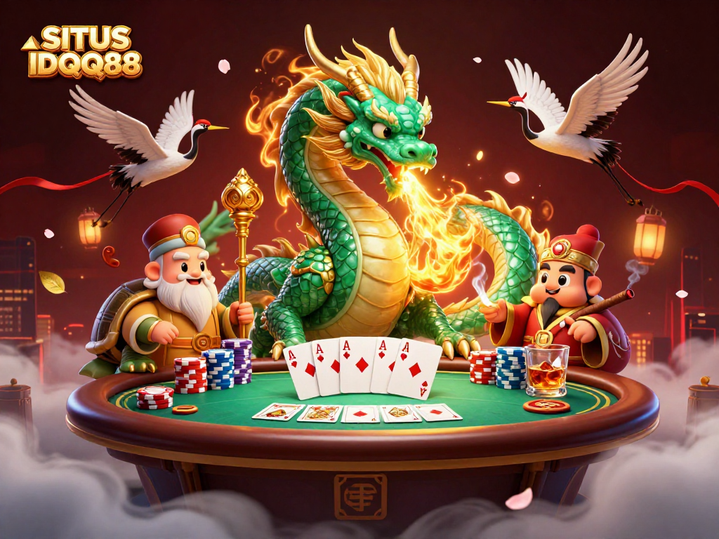 SITUS IDQQ88 visuals showcase a dragon and turtle at a poker table, embodying excitement.