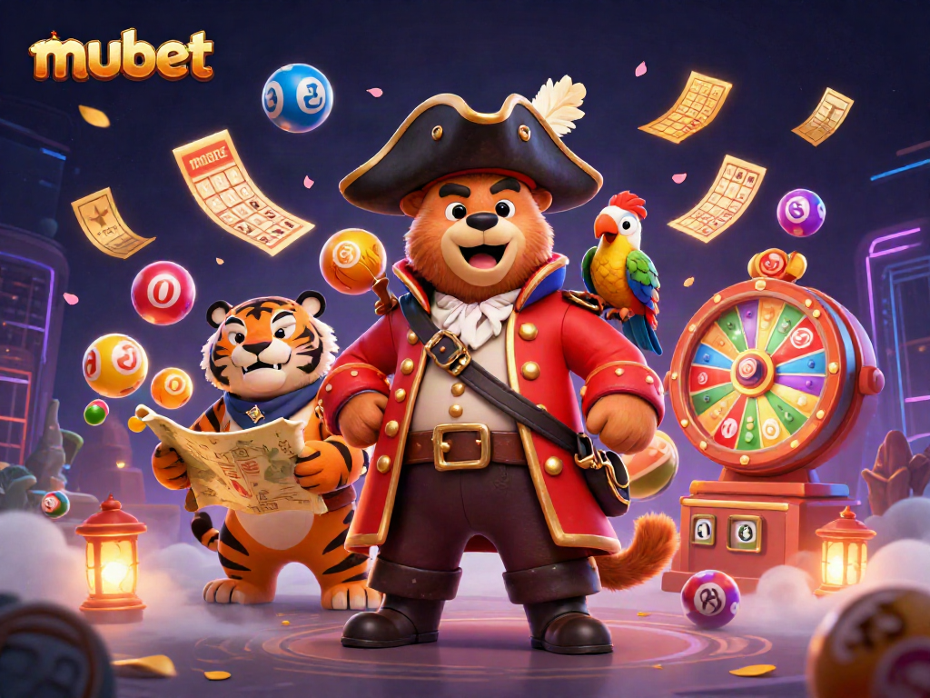Join the excitement at mubet with vibrant gaming elements and animated characters in a thrilling casino scene.