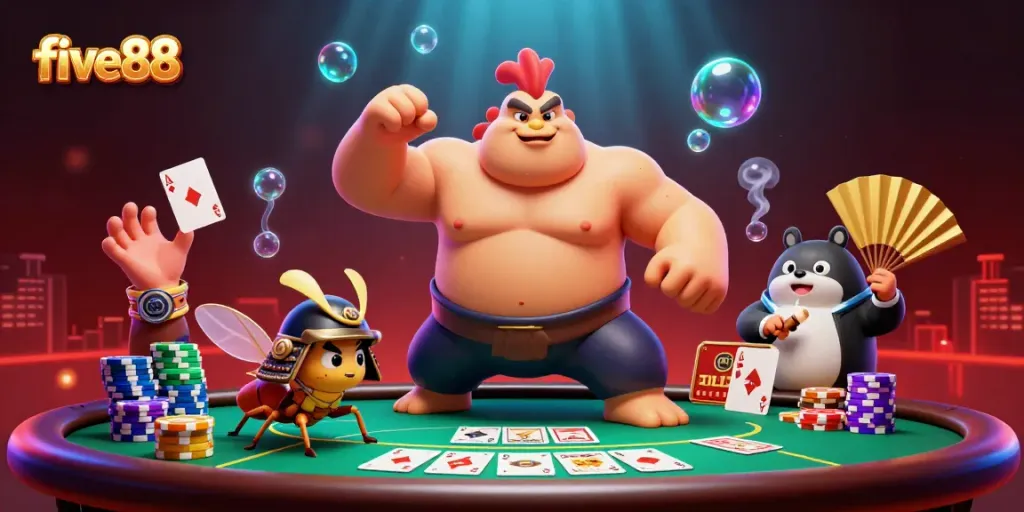Five88 casino scene featuring powerful characters engaging in vibrant poker action.