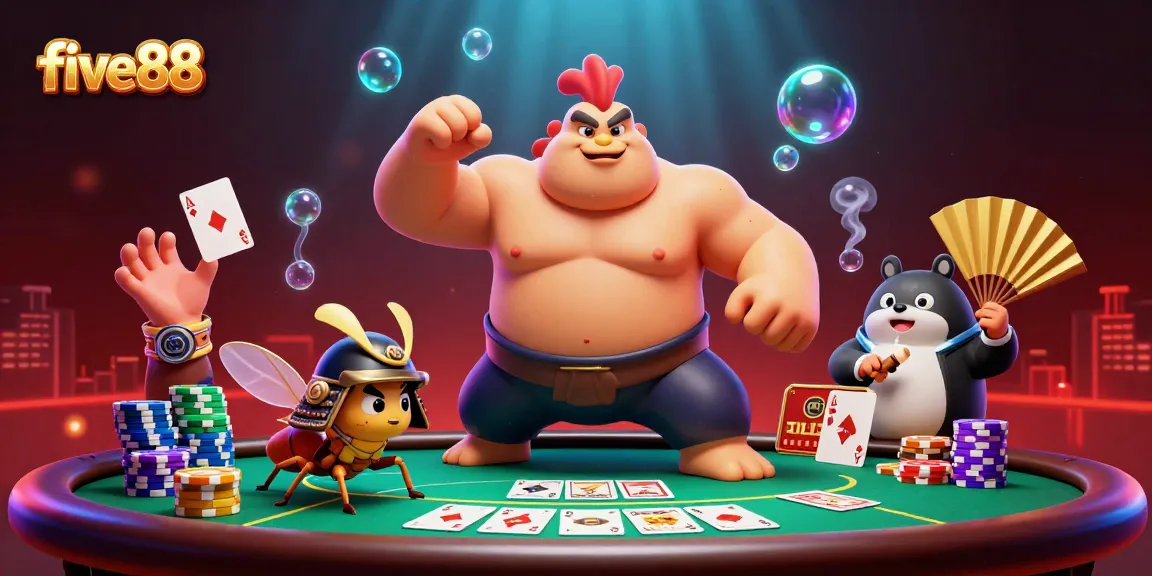 Five88 casino scene featuring powerful characters engaging in vibrant poker action.