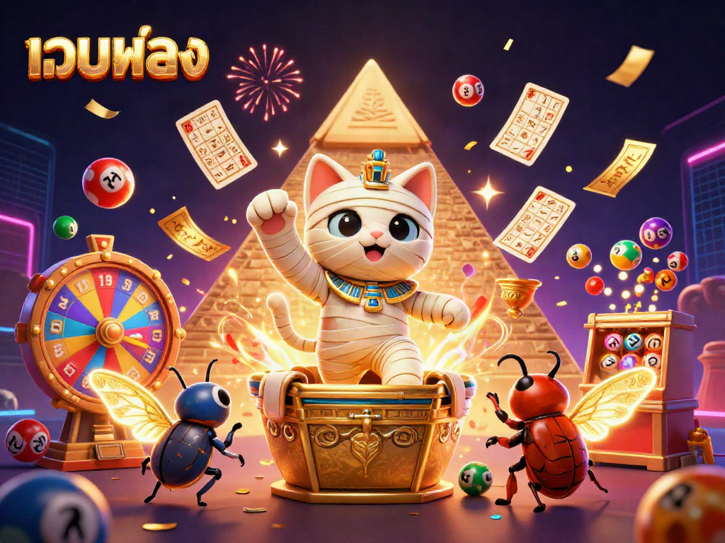 Engage with exciting เว็บตรง casino scenes featuring a lively Egyptian mummy cat and dynamic lottery elements.