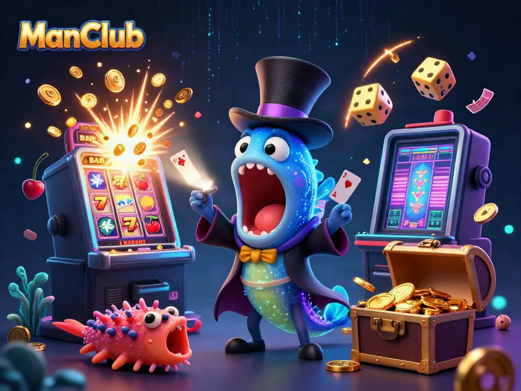 Winning at ManClub with vibrant 3D gaming scene showcasing slots, jackpots, and dynamic casino action.