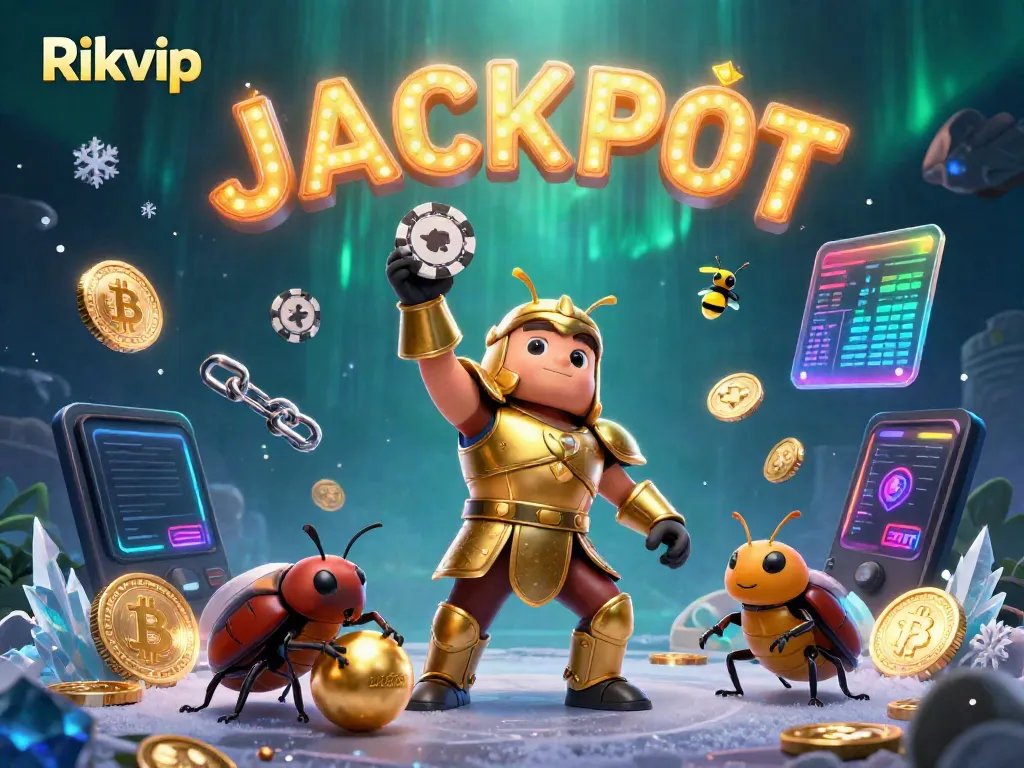 Play and win with Rikvip's vibrant online casino scene featuring dynamic characters and gaming elements.
