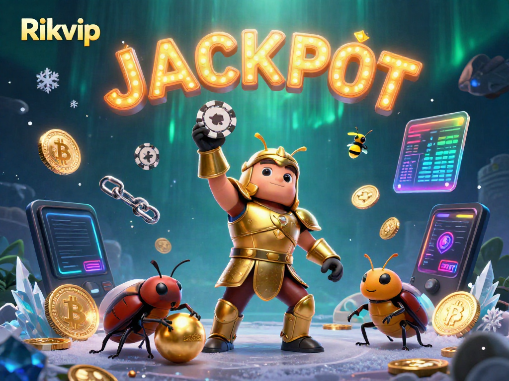 Play and win with Rikvip's vibrant online casino scene featuring dynamic characters and gaming elements.