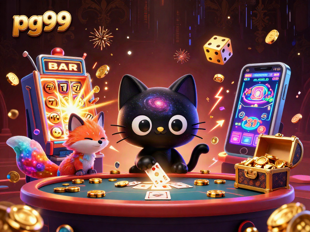 pg99 captivating cosmic casino scene with a black hole cat and nebula fox characters
