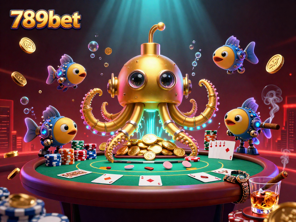 Engage in thrilling gameplay at 789bet with a lively poker scene featuring a kraken submarine amidst vibrant elements.