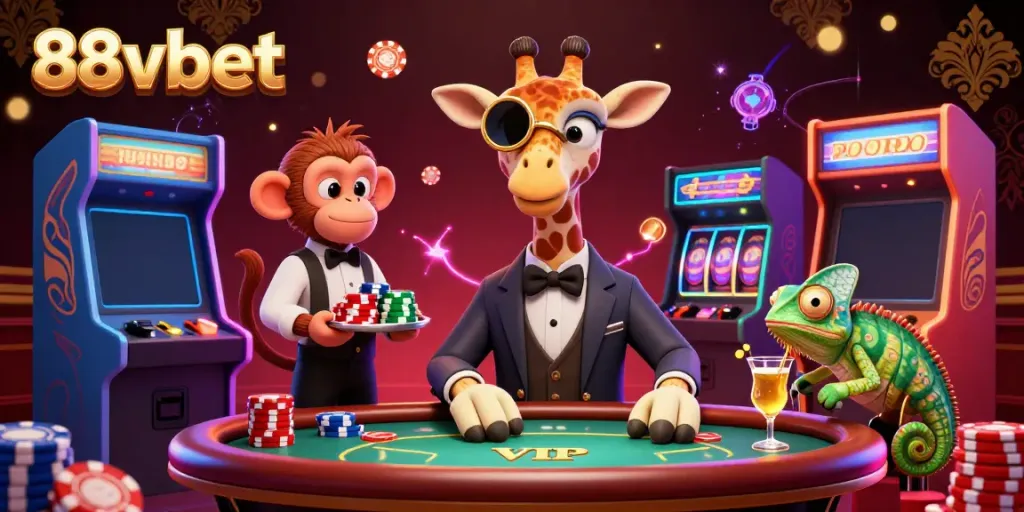 Experience the vibrant gaming scene with 88vbet, featuring a high-roller giraffe and colorful casino elements.