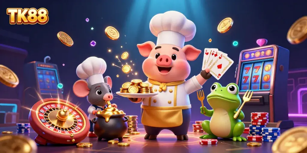 Engage with TK88 casino action featuring a chef pig, sous-chef mouse, and critic frog enjoying gold coins and games.