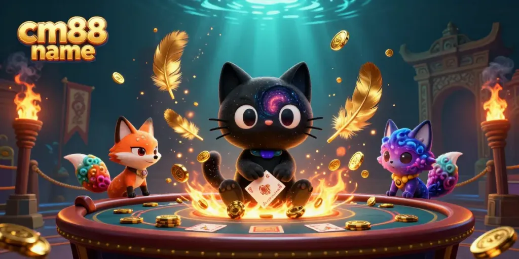 Experience the cosmic charm of cm88 name as a black hole cat draws in chips at a vibrant casino table.