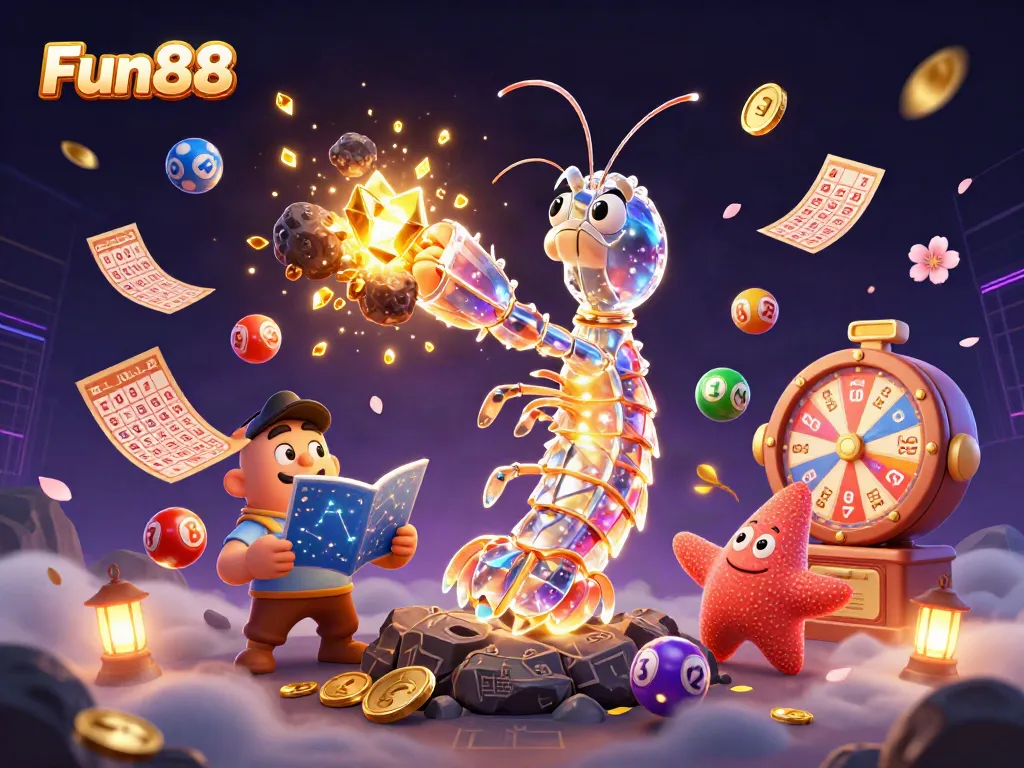 Experience Fun88 with a vibrant scene featuring a cartoon mantis shrimp amidst golden coins and dynamic lottery elements.