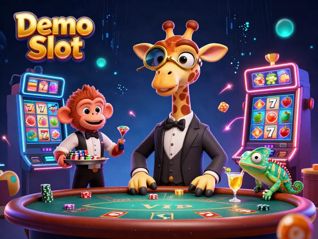 Experience the thrill of Demo Slot gaming with colorful slot machines and animated characters in a vibrant casino scene.