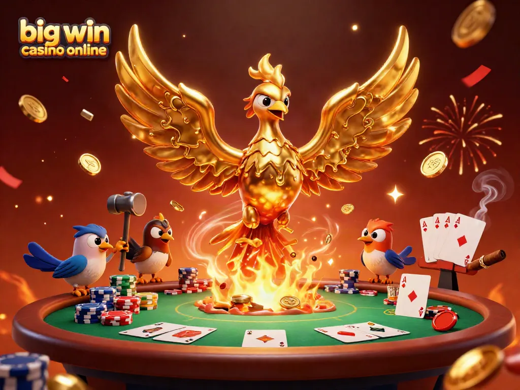 Experience the excitement of big win casino online with a majestic golden phoenix and vibrant poker scene.