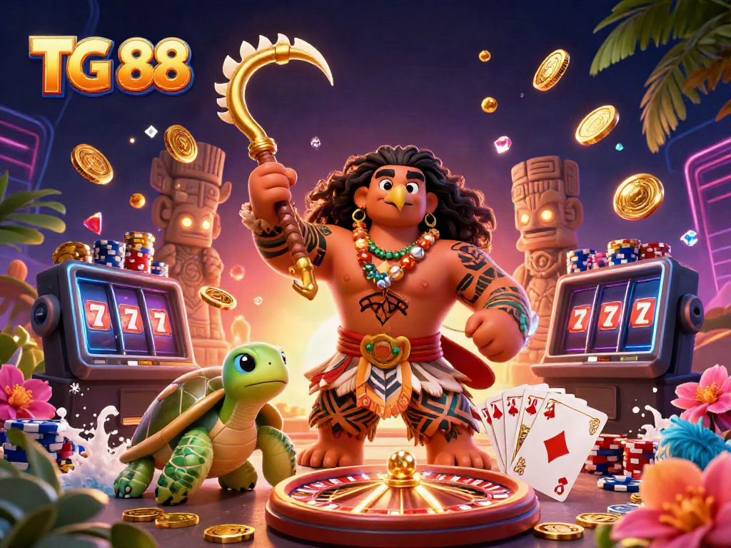 Experience thrilling gaming at TG 88 with colorful poker chips and lucky slot machines in a vibrant scene.