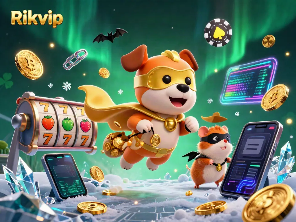 Join the fun at Rikvip, the exciting online casino, with 3D superhero dog soaring through a vibrant gaming atmosphere!