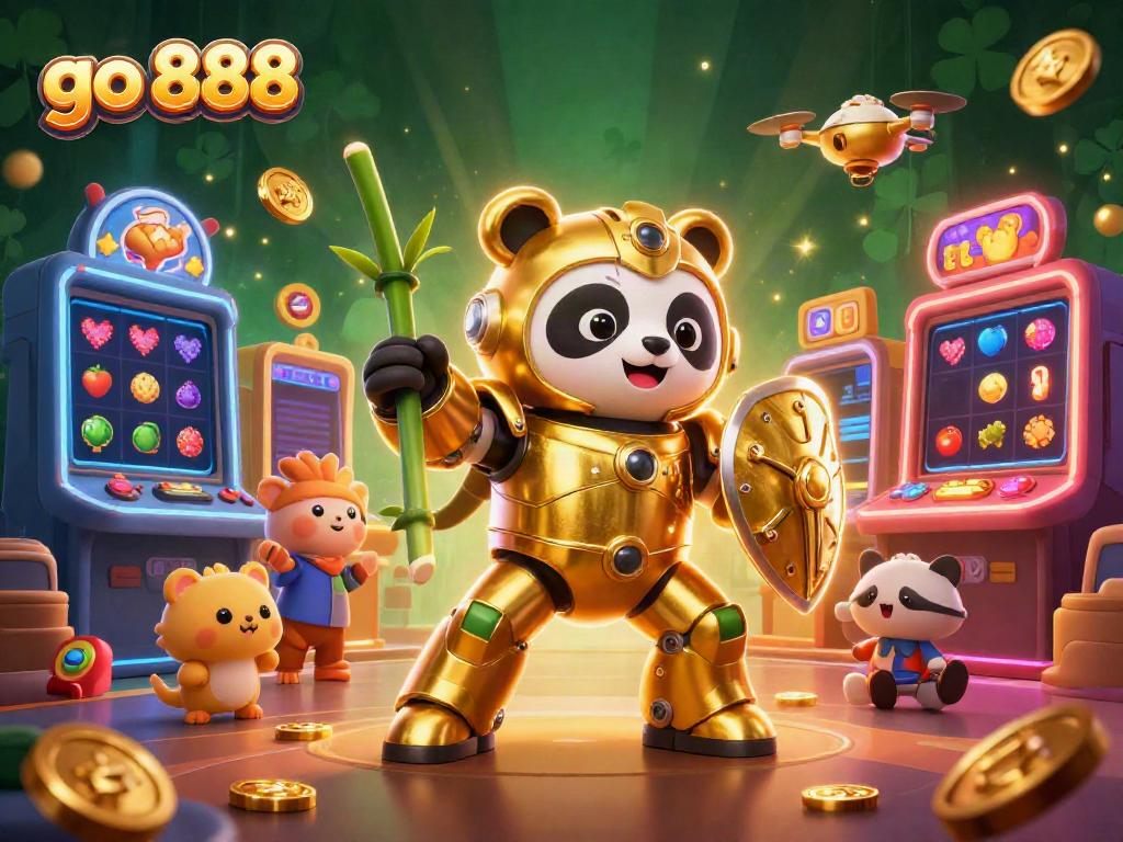 Experience thrilling gameplay at go 888 with a vibrant scene featuring a golden panda in a dynamic casino atmosphere.