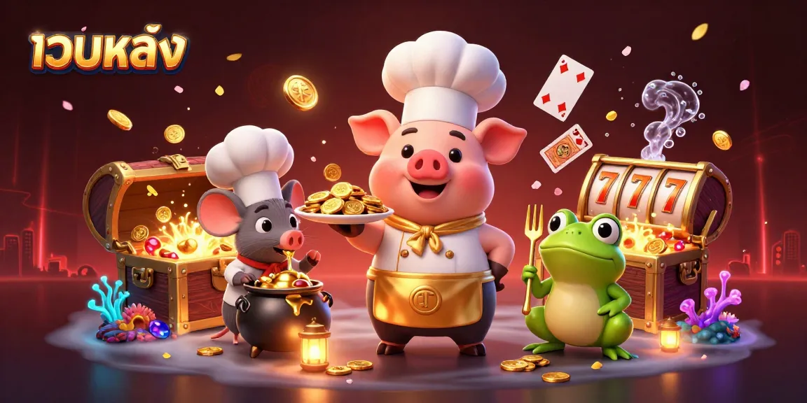 Experience เว็บตรง slot excitement as a chef pig serves golden coins in a lively casino scene.