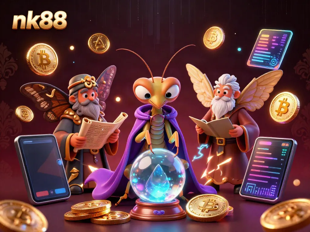 Bet on exciting outcomes with nk88 as fortune tellers predict winning lottery numbers amidst glowing cryptocurrency elements.