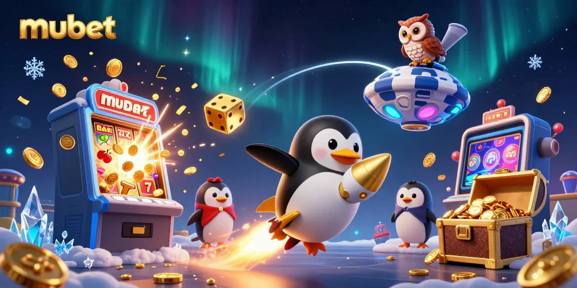 Experience exciting games at mubet, featuring a golden penguin in a space-themed casino adventure.