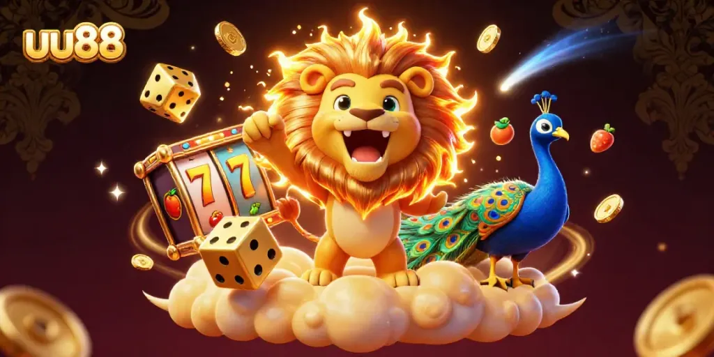 Experience the excitement of uu88 with a vibrant, dynamic casino scene featuring a roaring lion.