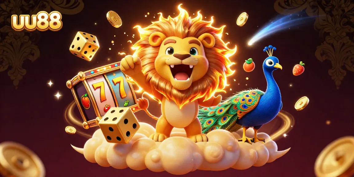 Experience the excitement of uu88 with a vibrant, dynamic casino scene featuring a roaring lion.