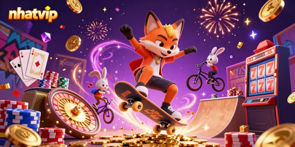 Nhatvip showcases a dynamic casino scene with a skateboarder fox and BMX rabbit amid sparkling gambling symbols.