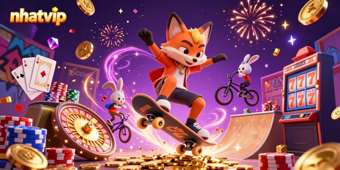 Nhatvip showcases a dynamic casino scene with a skateboarder fox and BMX rabbit amid sparkling gambling symbols.
