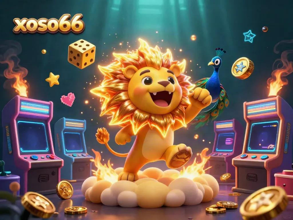 Experience the vibrant world of xoso66 with dynamic characters, gaming machines, and rich casino elements.